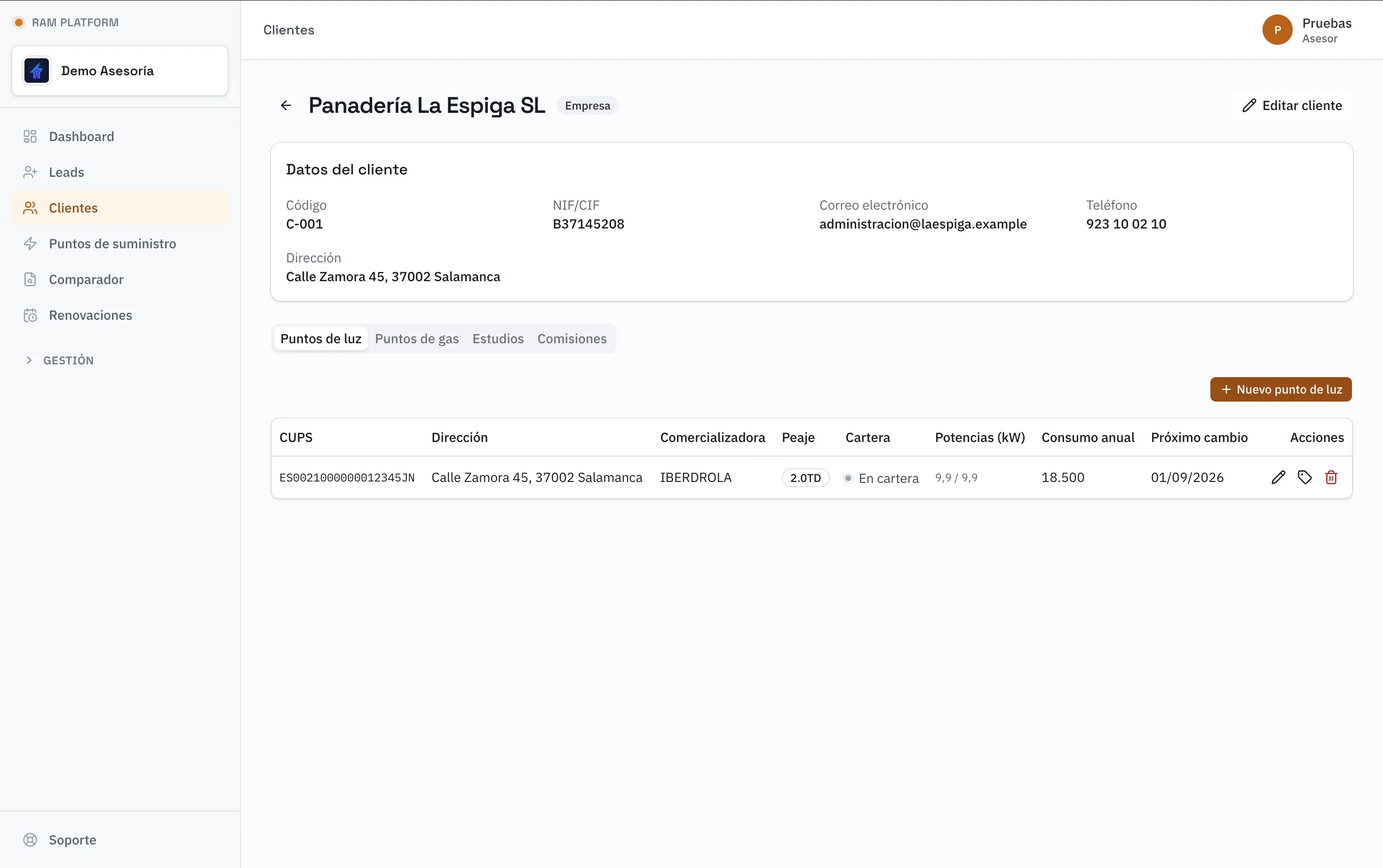 Ficha de un cliente con sus puntos de suministro y contratos asociados