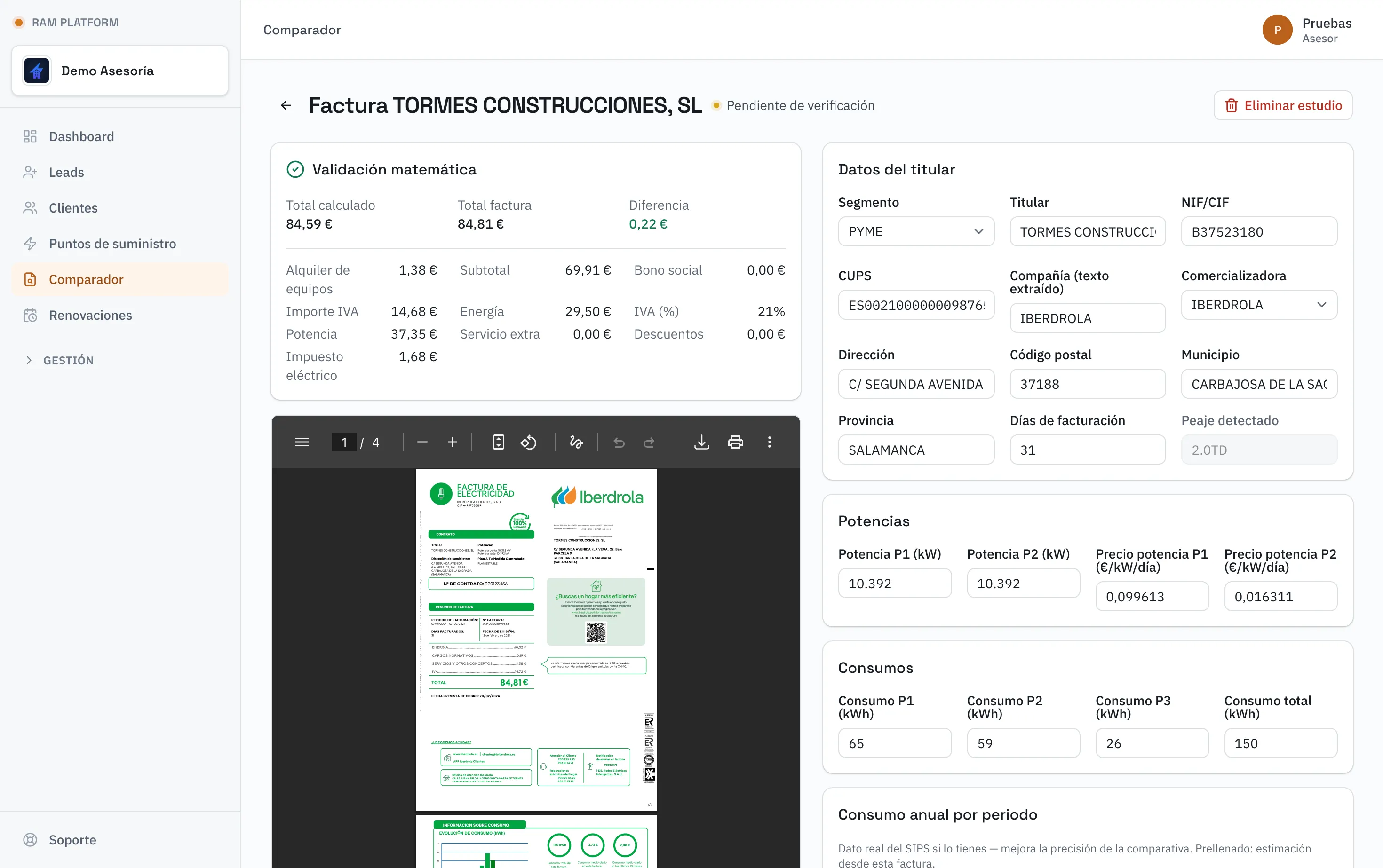 Pantalla de subida de una factura al comparador, con el archivo PDF cargado