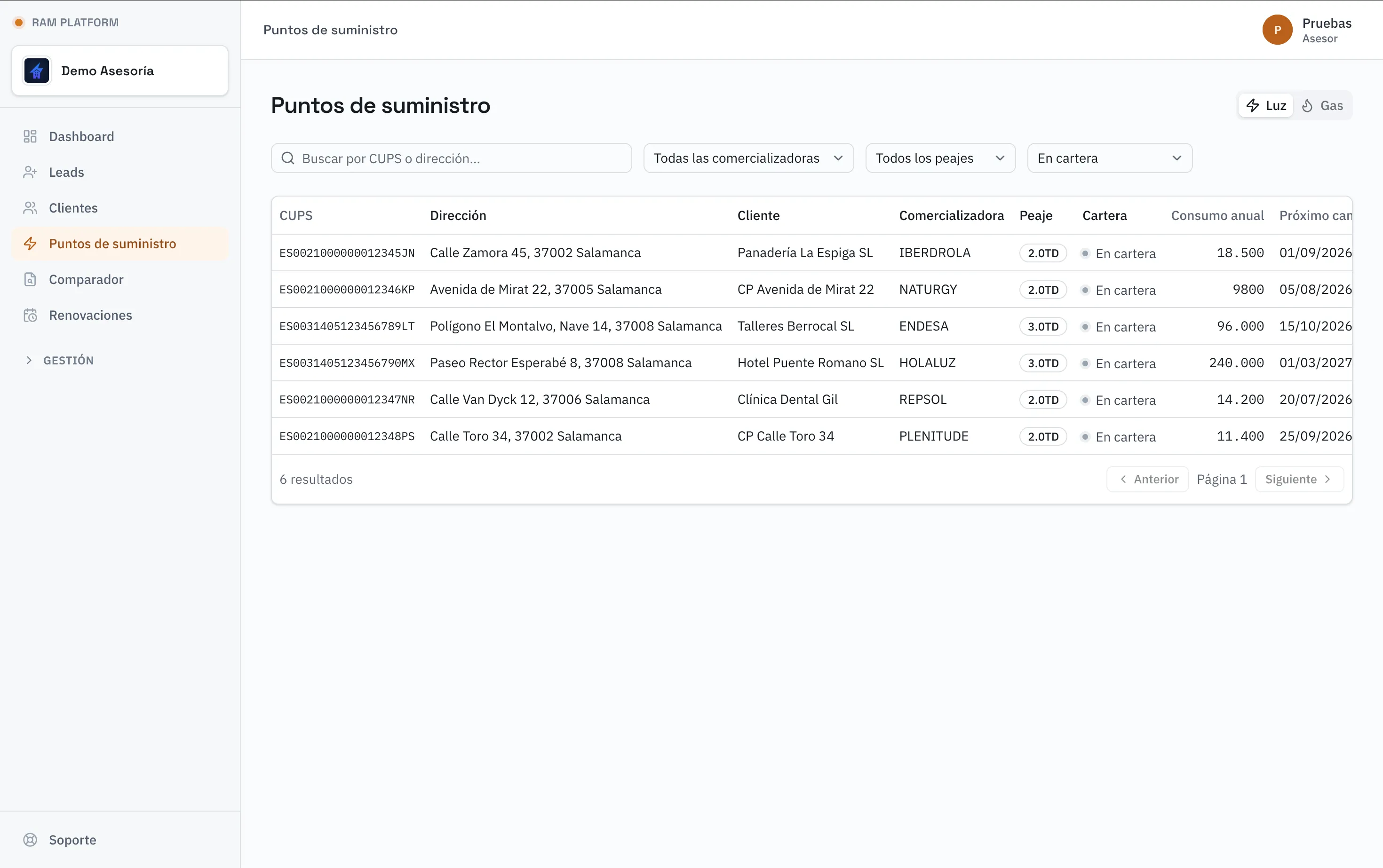 Listado de puntos de suministro con su estado y sus comisiones